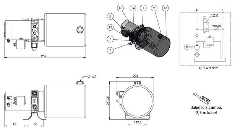 MINI HYDRAULISK AGGREGAT 12V DC - 1.6kW = 2.1cc - 8 lit - enkel retning montering (metall)