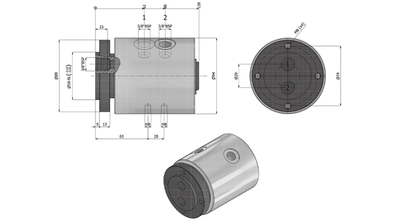 CONNESSIONE IDRAULICO GIREVOLE 2WAY IH2037-GY6LS 3/8 30L/min 350rpm 350BAR